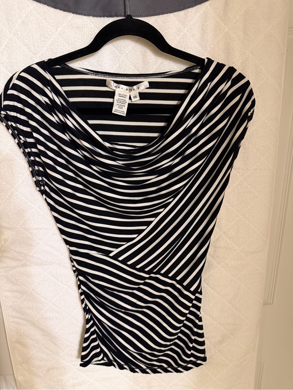 Max Studio Black and White Draped Neck Midi Dress